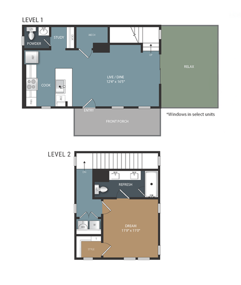 A floor plan of a two level apartment with a study, powder room, and a front porch.